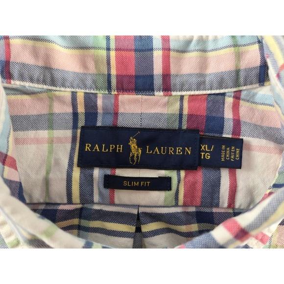 Ralph Lauren Button Down Short Sleeve Slim Fit Windowpane Plaid Oxford Mens XL - Picture 5 of 8
